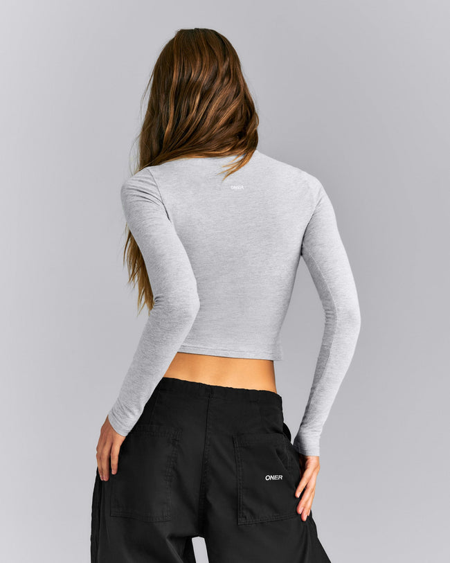 Fitted Cotton Long Sleeve Crew Neck Top | Mid Grey Marl