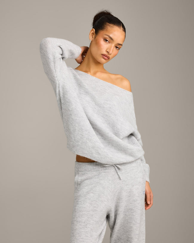 Oversized Knit Off-The-Shoulder Sweater | Light Grey Marl