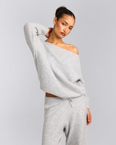 Oversized Knit Off-The-Shoulder Sweater | Light Grey Marl