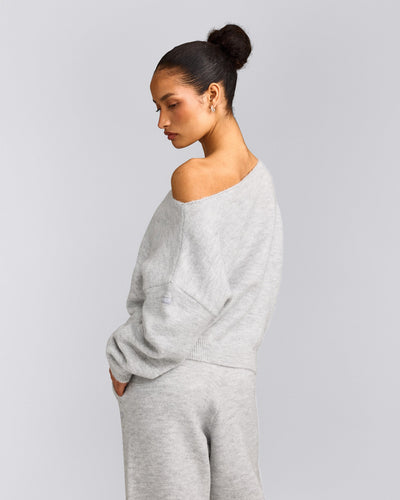 Oversized Knit Off-The-Shoulder Sweater | Light Grey Marl