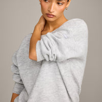 Oversized Knit Off-The-Shoulder Sweater | Light Grey Marl