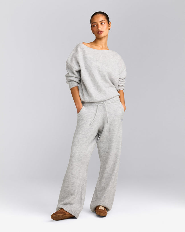 Oversized Knit Straight Leg Trousers | Light Grey Marl