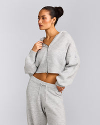 Oversized Knit Zip Up Mid Hoodie | Light Grey Marl