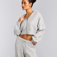 Oversized Knit Zip Up Mid Hoodie | Light Grey Marl