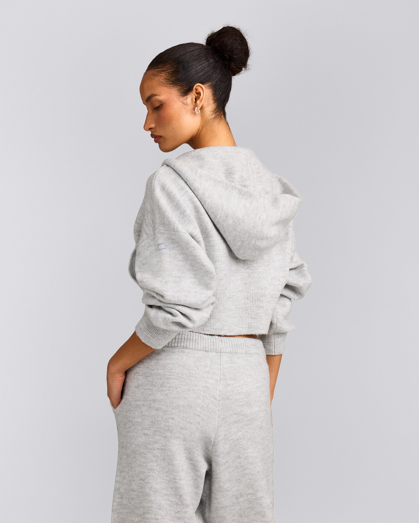 Oversized Knit Zip Up Mid Hoodie | Light Grey Marl