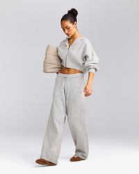 Oversized Knit Zip Up Mid Hoodie | Light Grey Marl