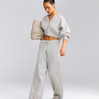 Oversized Knit Zip Up Mid Hoodie | Light Grey Marl