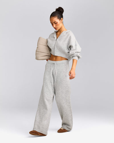 Oversized Knit Zip Up Mid Hoodie | Light Grey Marl