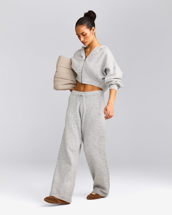 Oversized Knit Zip Up Mid Hoodie | Light Grey Marl