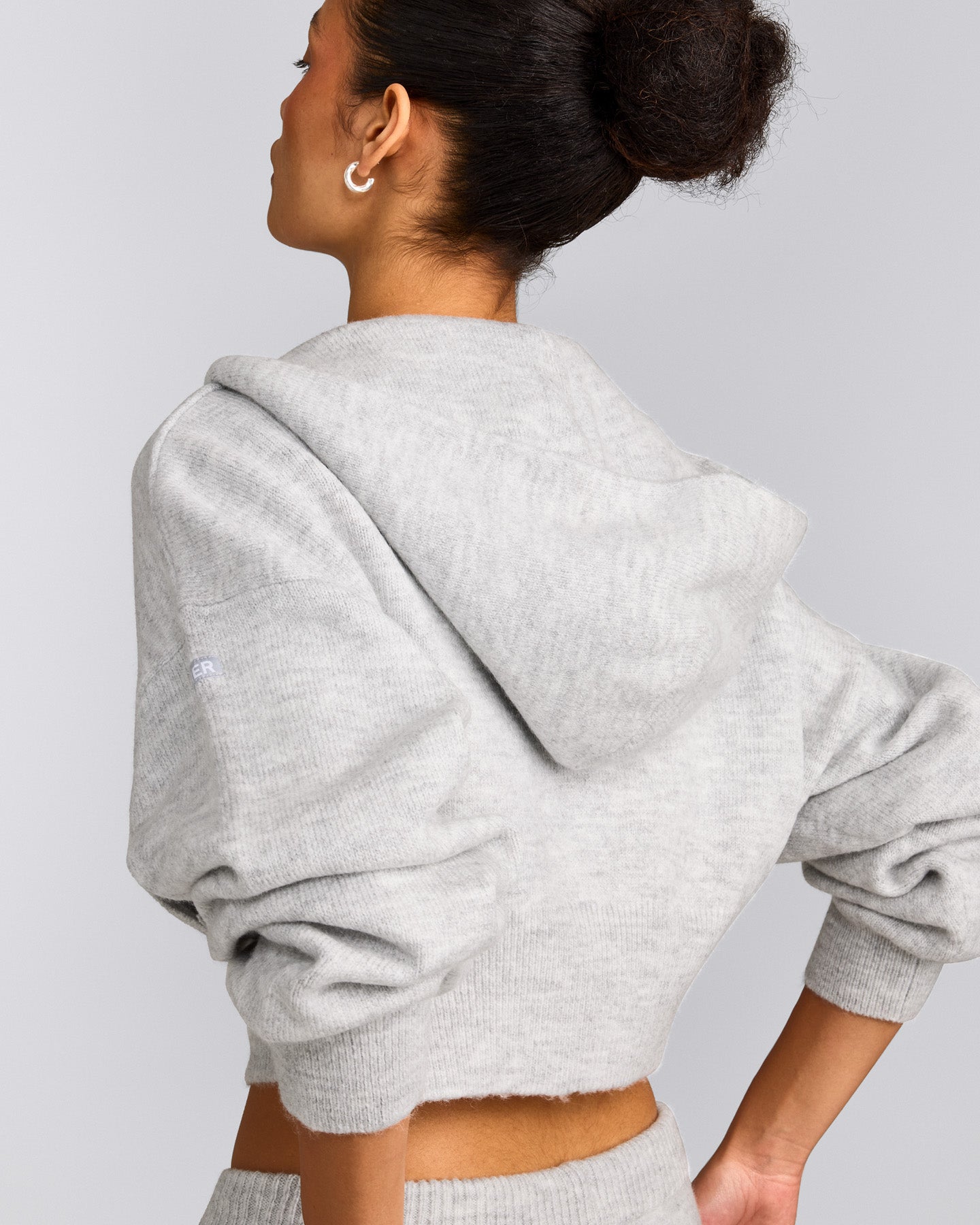 Oversized Knit Zip Up Mid Hoodie | Light Grey Marl