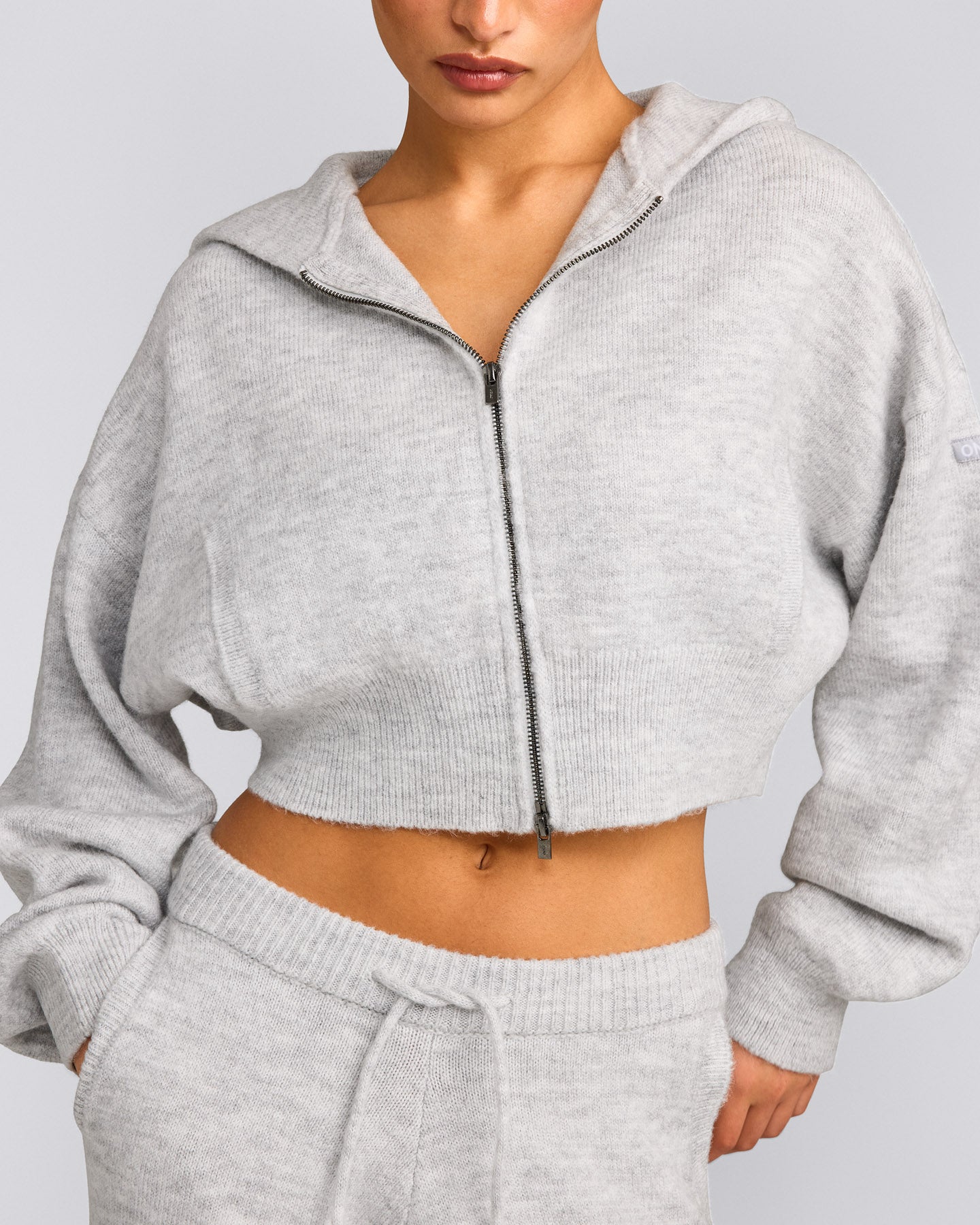 Oversized Knit Zip Up Mid Hoodie | Light Grey Marl