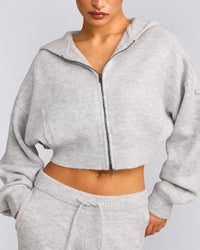 Oversized Knit Zip Up Mid Hoodie | Light Grey Marl