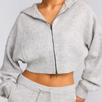 Oversized Knit Zip Up Mid Hoodie | Light Grey Marl