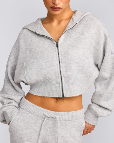 Oversized Knit Zip Up Mid Hoodie | Light Grey Marl