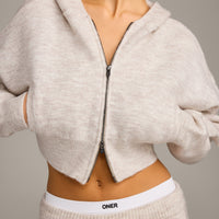Oversized Knit Zip Through Mid Hoodie | Oat Marl