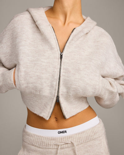 Oversized Knit Zip Through Mid Hoodie | Oat Marl