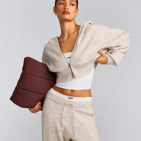 Oversized Knit Zip Up Mid Hoodie | Oat Marl