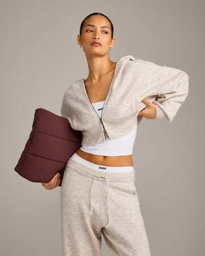 Oversized Knit Zip Through Mid Hoodie | Oat Marl