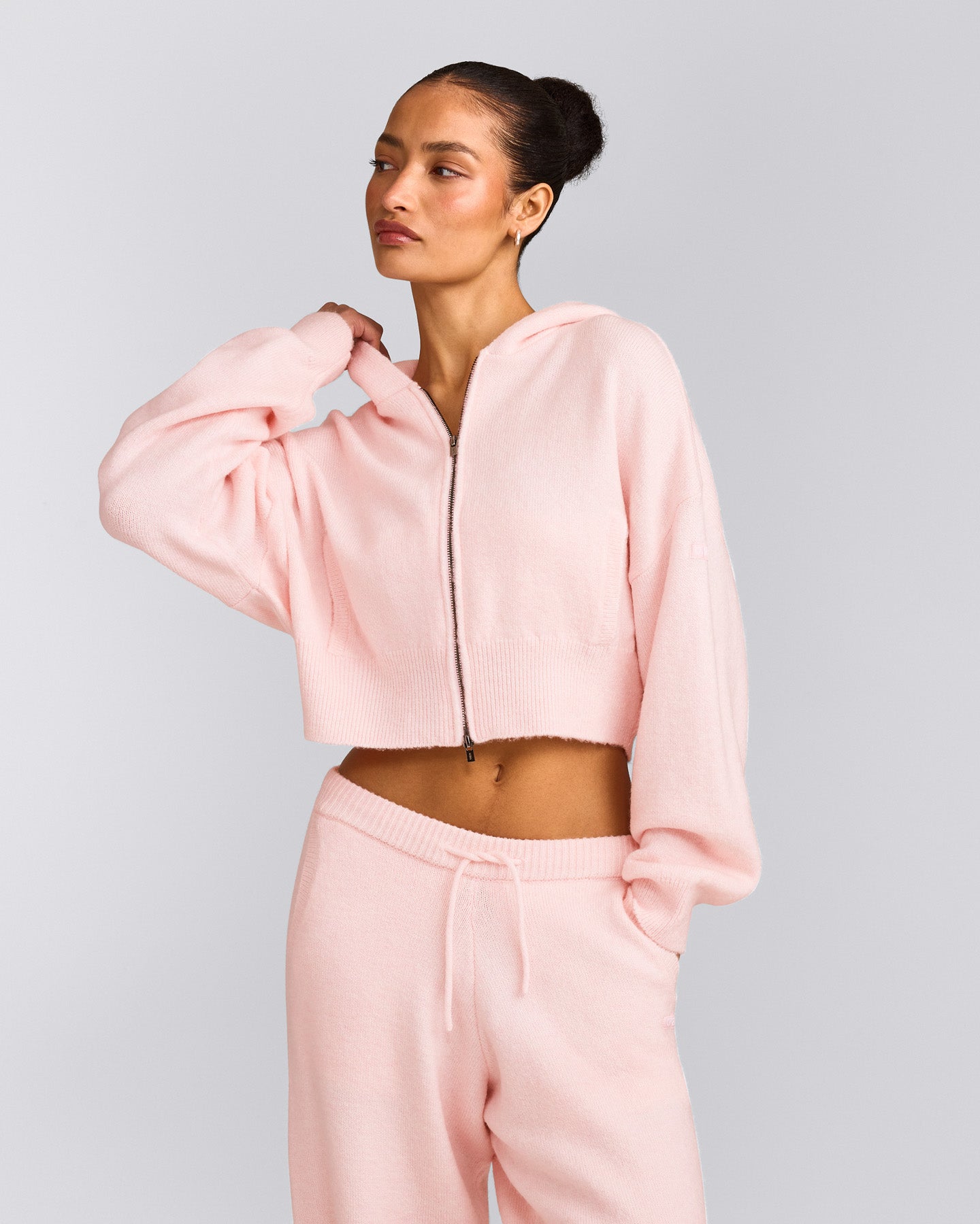 Oversized Knit Zip Up Mid Hoodie | Soft Girl Pink
