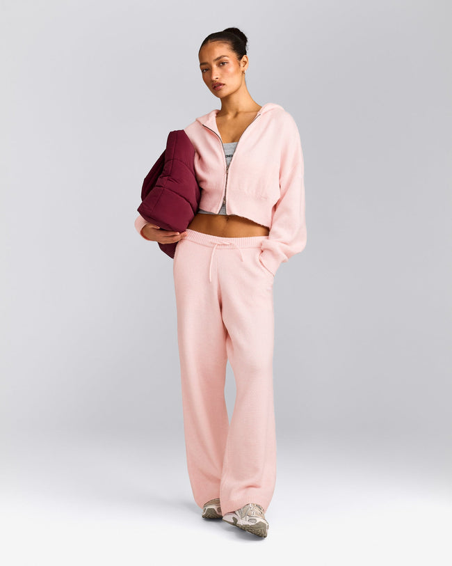Oversized Knit Zip Up Mid Hoodie | Soft Girl Pink