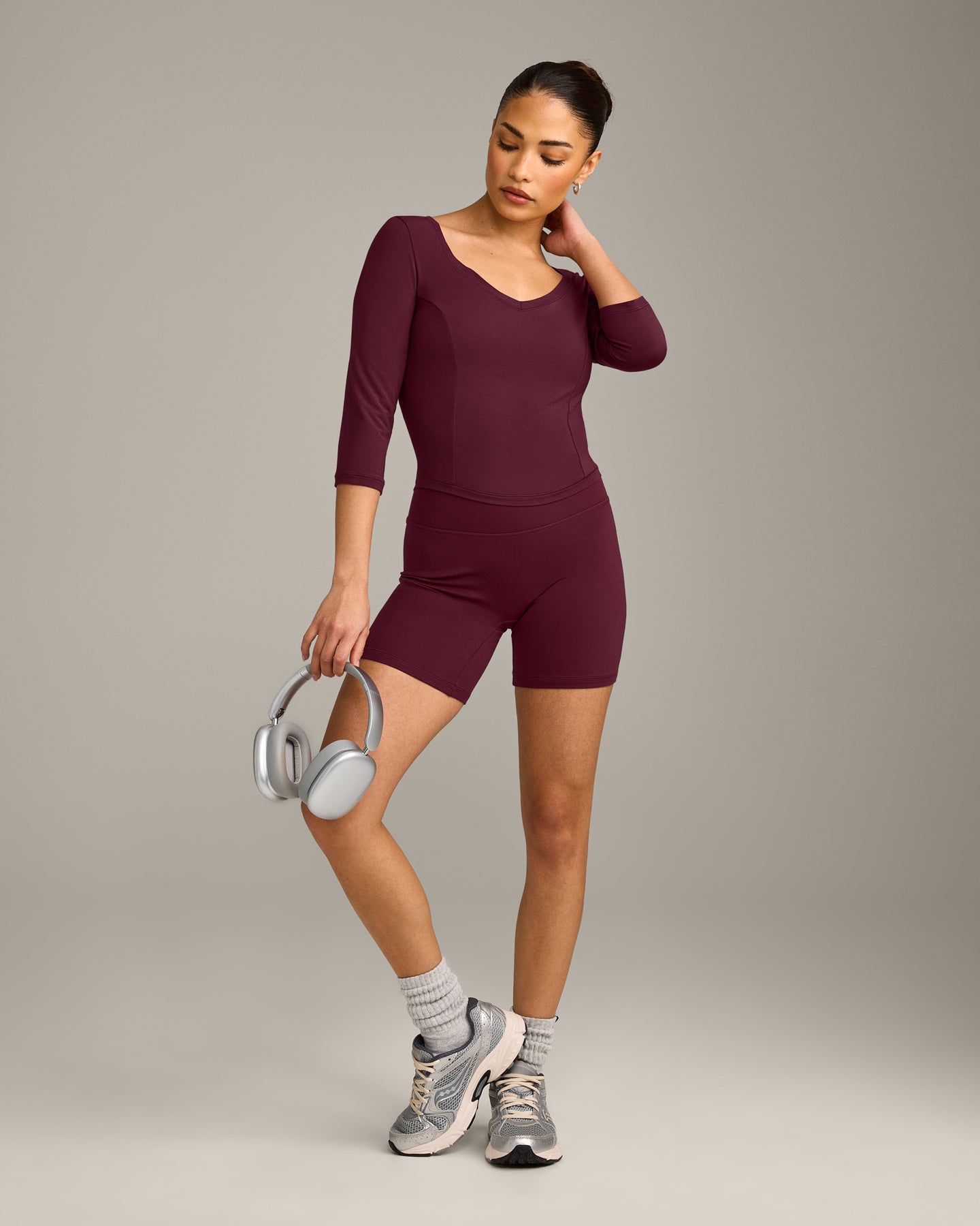 Mellow™ Motion Wide V Neck 3/4 Length Sleeve Mid Top | Cherry Lacquer Purple