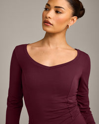 Mellow™ Motion Wide V Neck 3/4 Length Sleeve Mid Top | Cherry Lacquer Purple