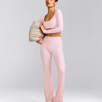 SoftMotion™ Flared Trousers with Grey Logo | Soft Girl Pink