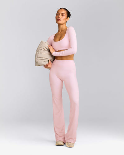 SoftMotion™ Flared Trousers with Grey Logo | Soft Girl Pink