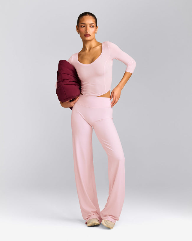 SoftMotion™ Straight Leg Pants with Grey Logo | Soft Girl Pink