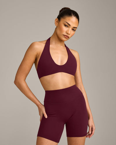 SoftMotion™ Minimal Halter Neck Bralette with Grey Logo | Cherry Lacquer Purple