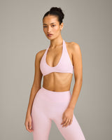 SoftMotion™ Minimal Halter Neck Bralette with Grey Logo | Soft Girl Pink