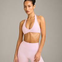 SoftMotion™ Minimal Halter Neck Bralette with Grey Logo | Soft Girl Pink