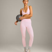 SoftMotion™ Minimal Halter Neck Bralette with Grey Logo | Soft Girl Pink