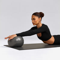 SoftMotion™ Scoop Neck Long Sleeve Crop Top with Built in Bra Shelf with Grey Logo | Black