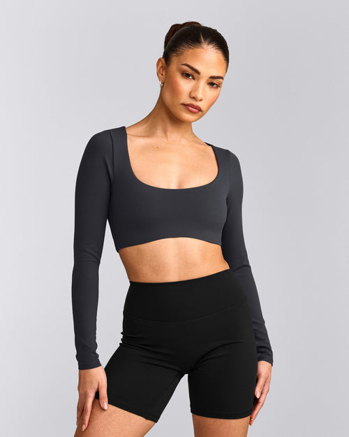 SoftMotion™ Scoop Neck Long Sleeve Crop Top with Built in Bra Shelf | Coal