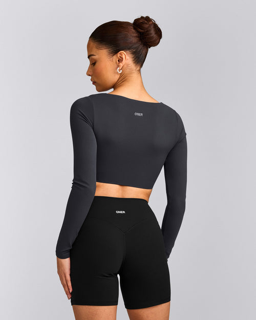 SoftMotion™ Scoop Neck Long Sleeve Crop Top with Built in Bra Shelf | Coal