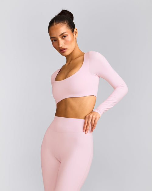 SoftMotion™ Scoop Neck Long Sleeve Crop Top with Built in Bra Shelf | Soft Girl Pink