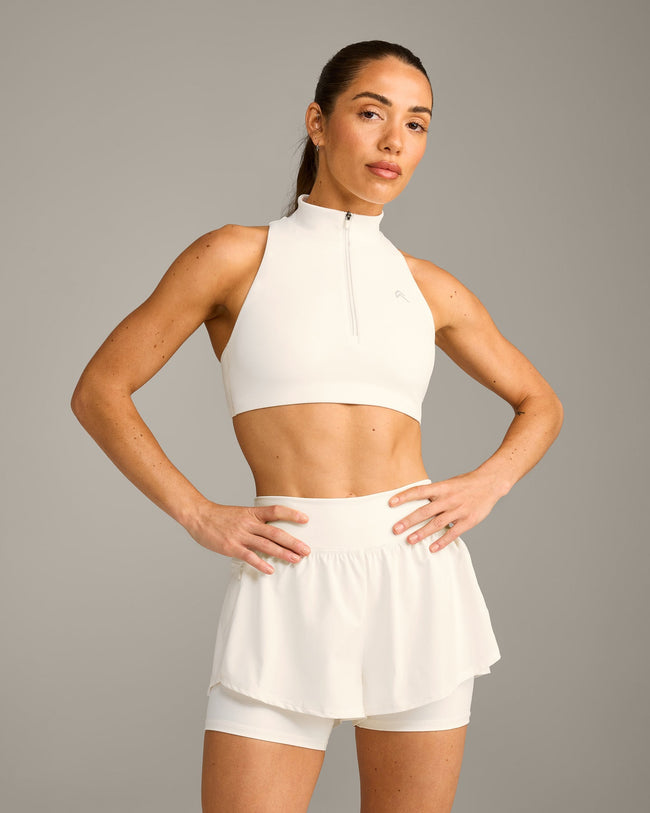 EasyLift™ Zip High Neck Sports Bra with Grey Logo | Marshmallow White