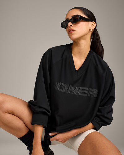 Oversized V Neck Long Sleeve T-Shirt with Oner Graphic | Black