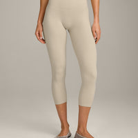 SoftMotion™ 3/4 Length Leggings with Grey Logo | Oatmeal