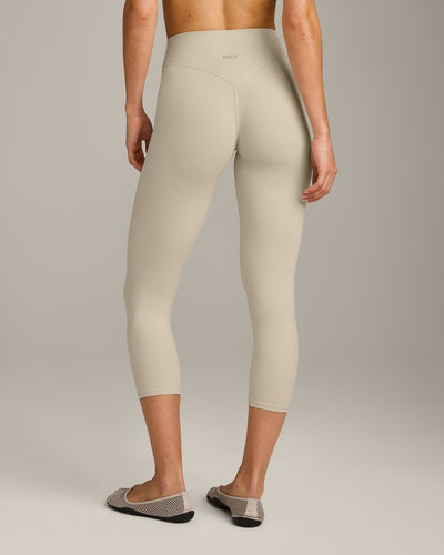 SoftMotion™ 3/4 Length Leggings with Grey Logo | Oatmeal