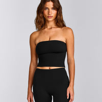 SoftMotion™ Bandeau Mid Tank Top with Built in Bra Shelf with Grey Logo | Black