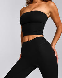 SoftMotion™ Bandeau Mid Tank Top with Built in Bra Shelf with Grey Logo | Black