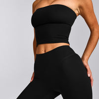 SoftMotion™ Bandeau Mid Tank Top with Built in Bra Shelf with Grey Logo | Black