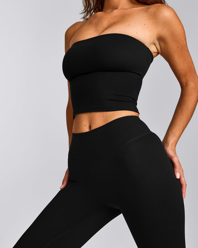SoftMotion™ Bandeau Mid Tank Top with Built in Bra Shelf with Grey Logo | Black