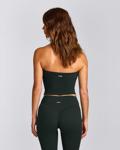 SoftMotion™ Bandeau Mid Tank Top with Built in Bra Shelf with Grey Logo | Emerald Noir