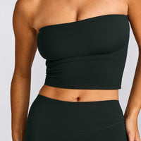 SoftMotion™ Bandeau Mid Tank Top with Built in Bra Shelf with Grey Logo | Emerald Noir