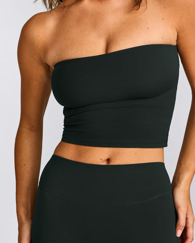 SoftMotion™ Bandeau Mid Tank Top with Built in Bra Shelf with Grey Logo | Emerald Noir