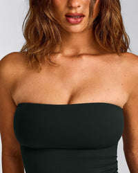SoftMotion™ Bandeau Mid Tank Top with Built in Bra Shelf with Grey Logo | Emerald Noir