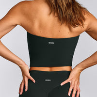 SoftMotion™ Bandeau Mid Tank Top with Built in Bra Shelf with Grey Logo | Emerald Noir